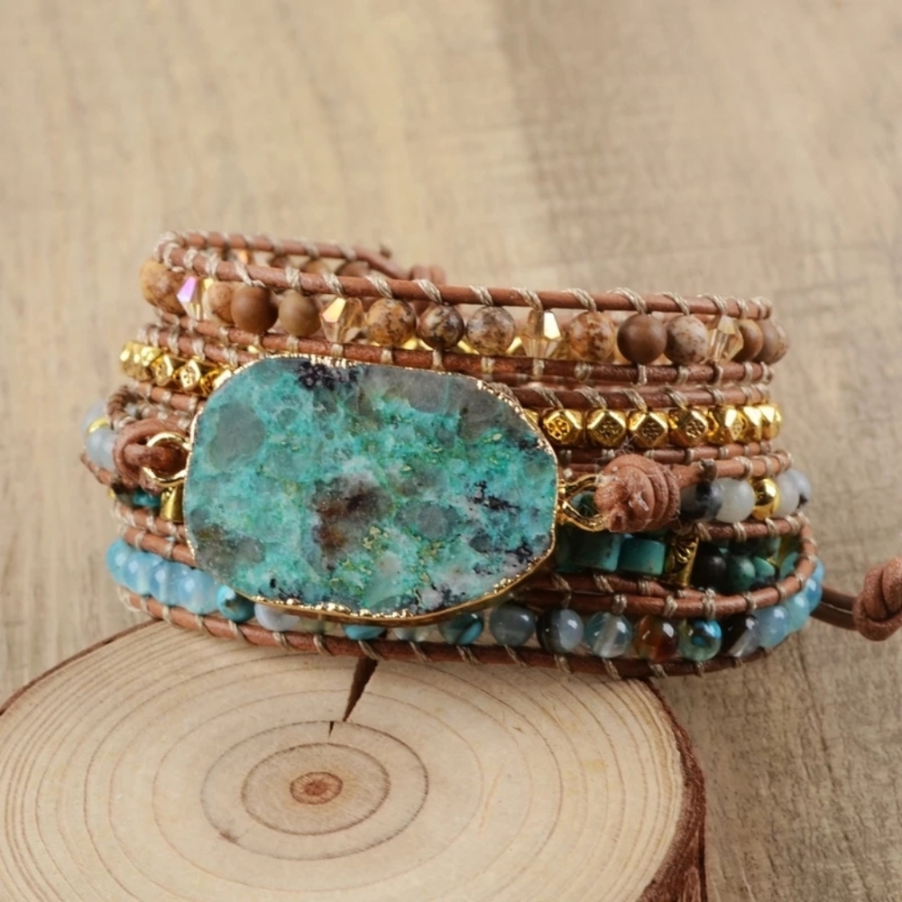 Handmade Leather & Stone Chrysocolla Bracelet - Picture 2 of 6